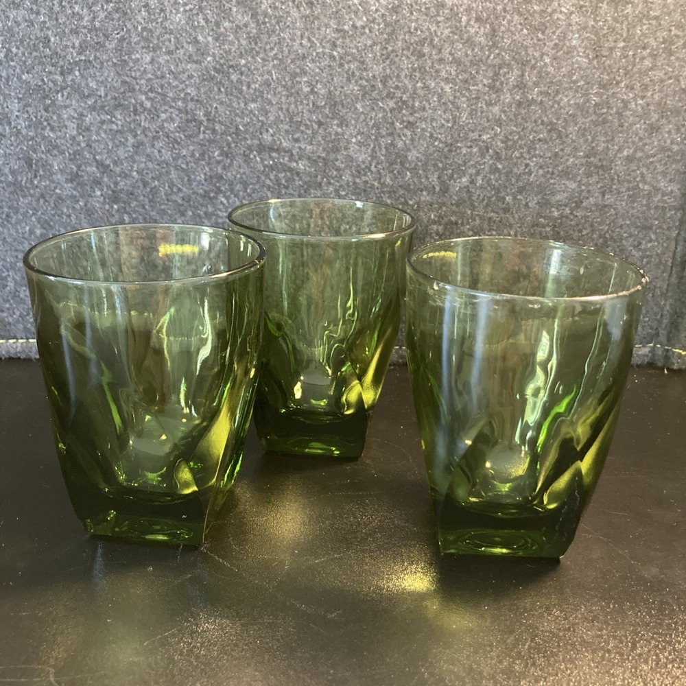 Vintage 1960's 1970's Green On The Rocks Juice Whiskey Glasses Set Of 3